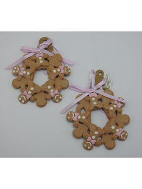 Gingerbread Man Wreath Christmas Ornaments Set Of 2 Pink Clay Dough 4.3 Inch